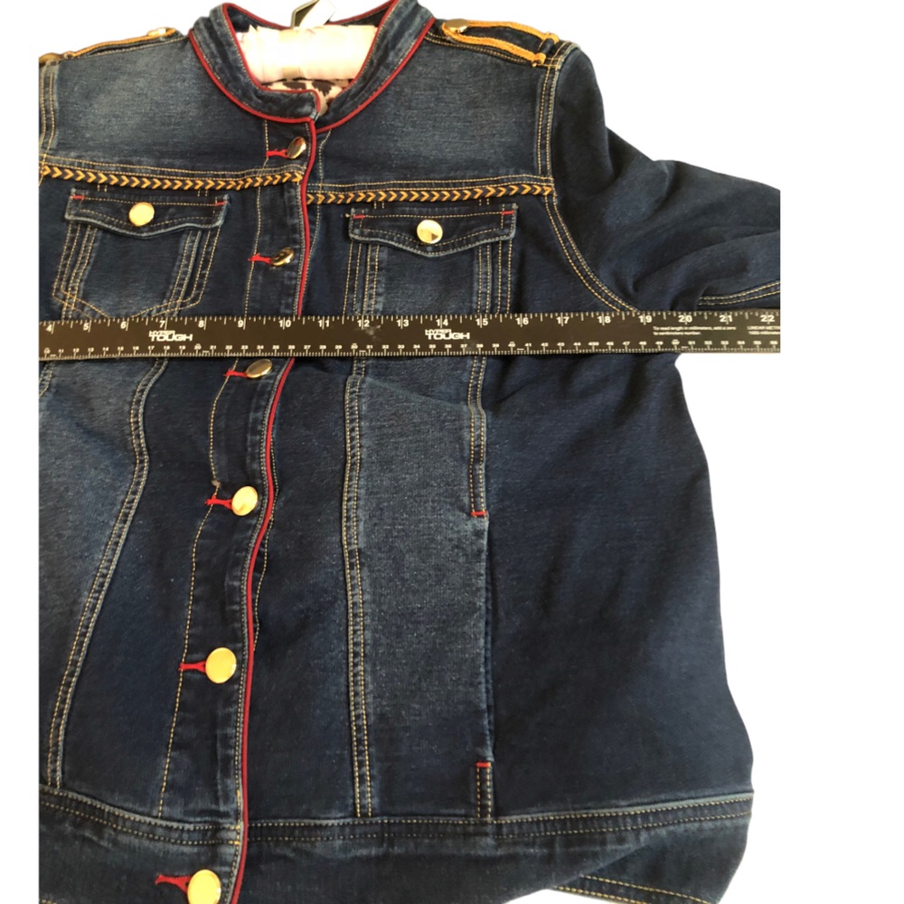 Chico’s size 10-12 denim military jacket stretch gold detail oversized - Picture 6 of 14